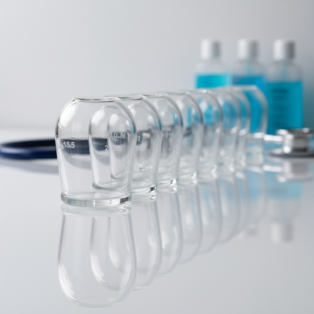 A close-up, photographic realistic composition of pristine transparent hijama cups aligned on a glossy white counter, each cup perfectly clean with smooth rounded edges and subtle measurement marks. A stethoscope and neatly arranged antiseptic bottles stand in the softly blurred background, hinting at a medical-grade environment. Overhead soft studio lighting creates clear, crisp reflections on the glass and gentle shadows that add depth without harshness. Shot from a slightly low, side angle with shallow depth of field, the mood feels scientific, precise, and trustworthy, reinforcing a professional therapeutic hijama practice in a modern health center.