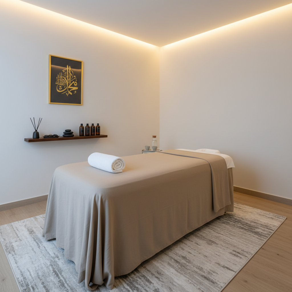 A massage therapy room set up for post-hijama relaxation, featuring a wide, cushioned massage table covered in smooth beige linen and a rolled towel at the head. Alongside, a narrow wooden shelf holds an orderly selection of dark amber massage oil bottles, basalt hot stones, and a small incense holder with unlit sticks. The walls are painted in a soothing off-white with a single framed Arabic calligraphy artwork in gold and charcoal. Gentle, diffused indirect lighting from a concealed ceiling source bathes the room in a soft glow, creating an atmosphere of healing and tranquility. Photographic realism from a wide-angle perspective captures the full space, emphasizing comfort and therapeutic professionalism.