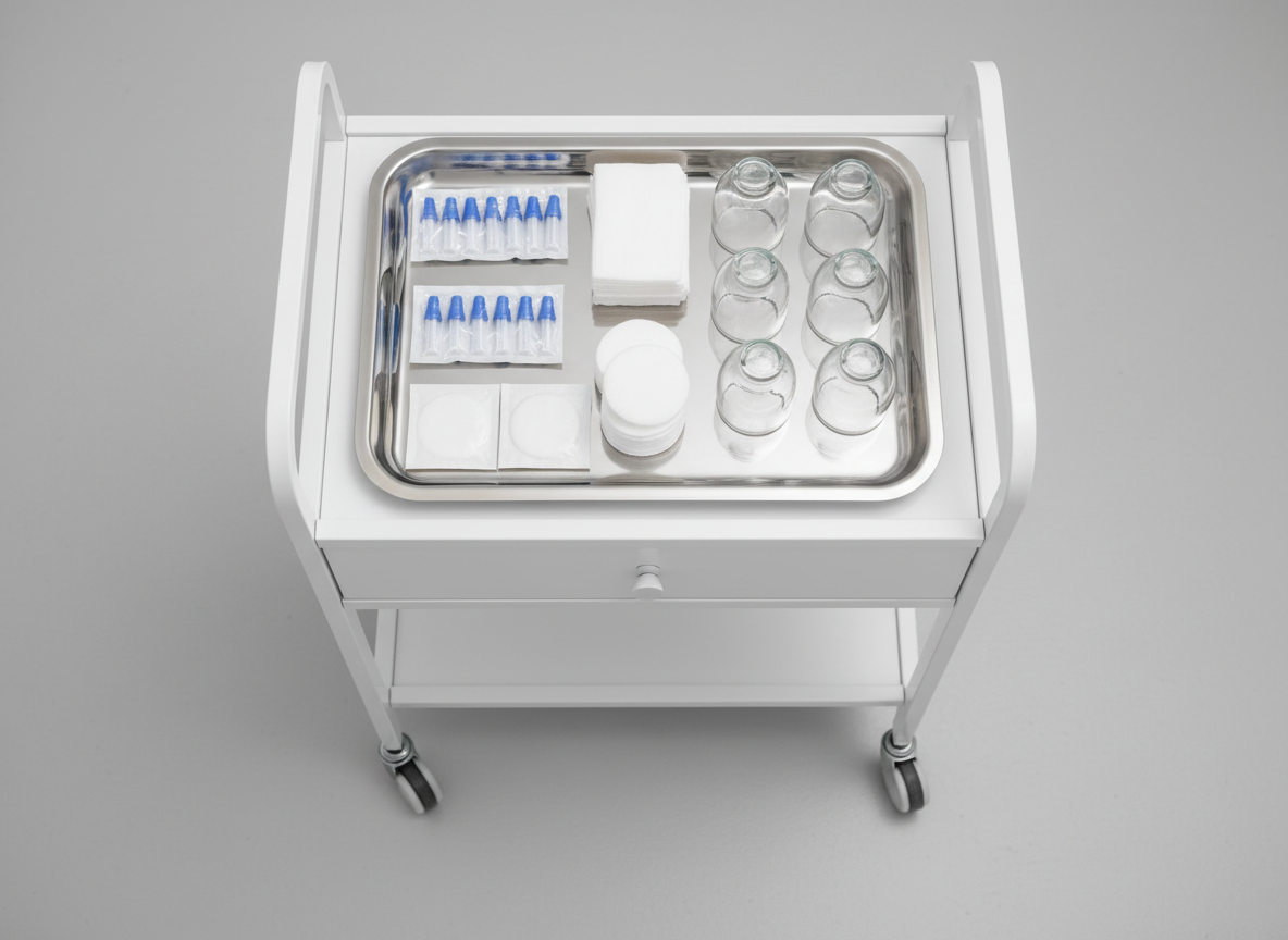 A top-down, photographic realistic view of a prepared hijama wet-cupping station, showing a sterile stainless-steel tray with individually sealed disposable lancets, antiseptic wipes, medical gauze pads, and meticulously arranged cupping glasses. The tray sits on a minimalist white trolley with locking wheels, on top of a spotless light-grey medical floor. Neutral overhead clinical lighting illuminates every detail clearly, with minimal shadows for a hygienic, controlled feel. The composition is centered and symmetrical, emphasizing organization, safety, and professionalism, ideal for a health website explaining procedural steps and strict hygiene standards in therapeutic hijama.
