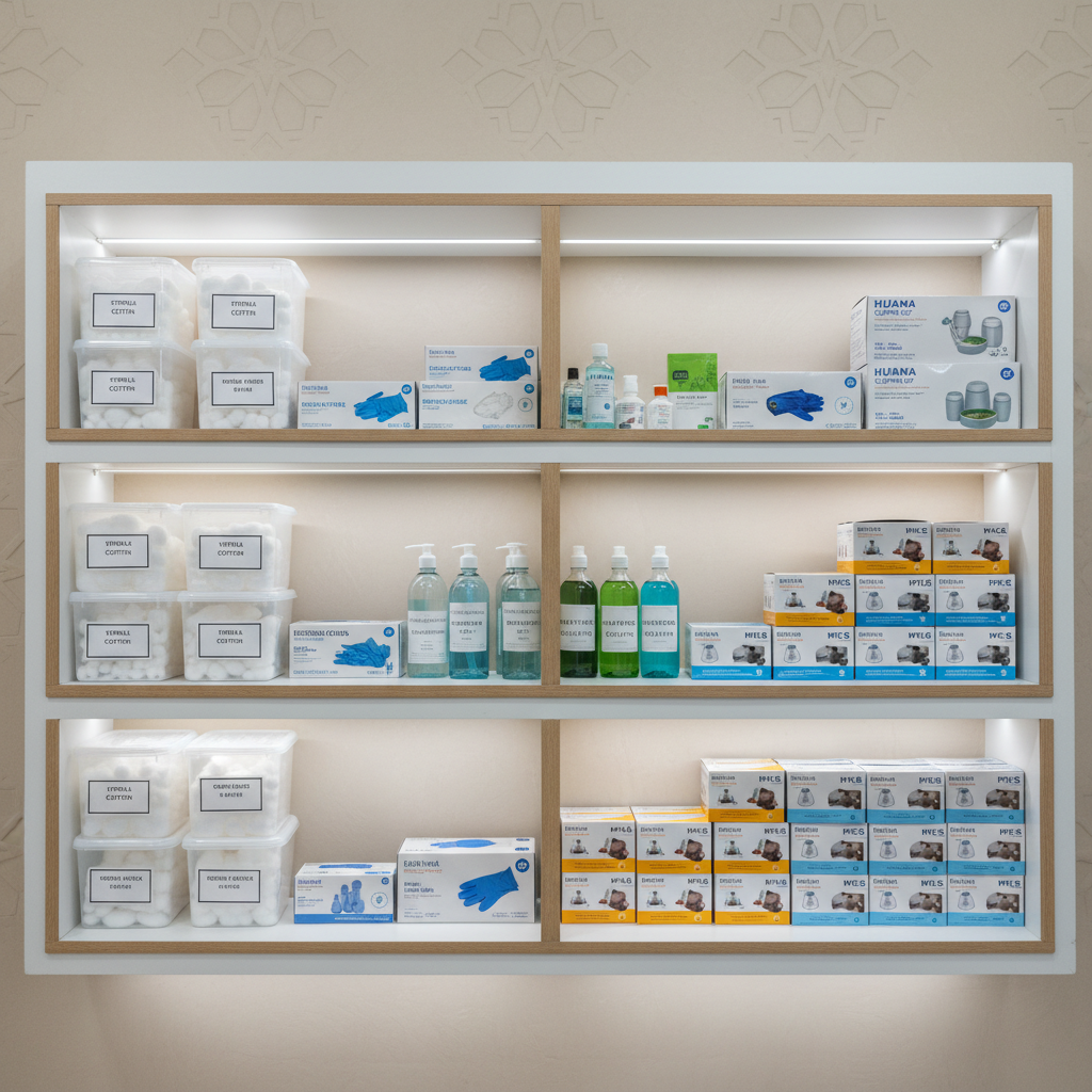 A meticulously organized shelf in a hijama clinic, styled in photographic realism, displaying neatly labeled containers of sterile cotton, disposable gloves, antiseptic solutions, and boxed cupping sets. The shelving is matte white with subtle wooden trims, set against a light sand-colored wall with a discreet geometric pattern echoing traditional Arabic design. Cool neutral overhead lighting creates even illumination with soft, minimal shadows, giving a clinical yet calm mood. Shot straight-on with sharp focus across the frame, the composition emphasizes order, hygiene, and reliability, suitable for illustrating the center’s commitment to medical standards in therapeutic cupping.