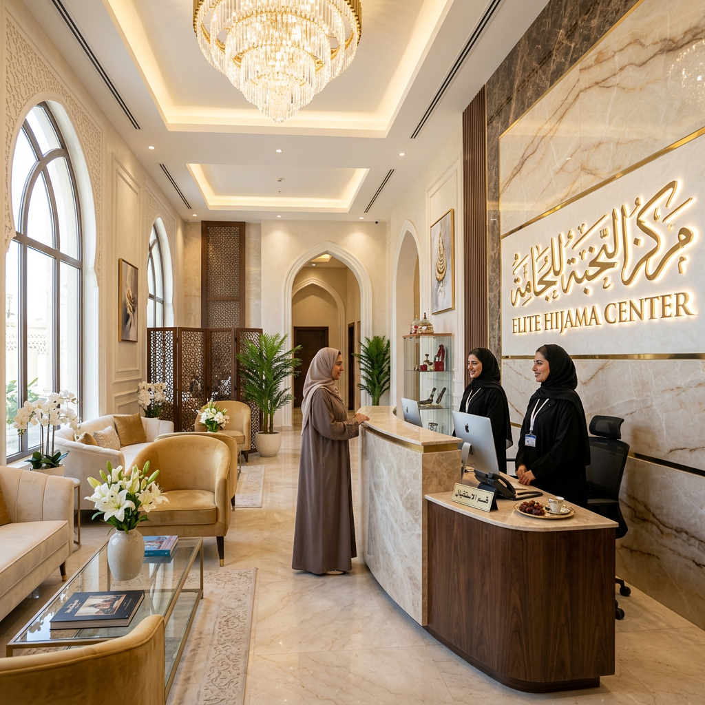 Reception area of Elite Hijama Center with two female staff and a female visitor